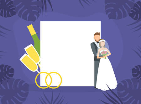 Wedding Day, Happy Romantic Just Married Couple Embracing in front of Blank Empty Banner Flat Vector Illustrationのイラスト素材