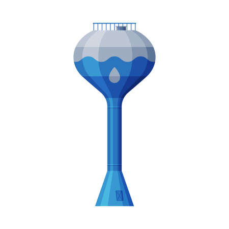 Modern Water Tower, Liquid Storage Industrial Construction, Countryside Life Object Flat Vector Illustration on White Backgroundのイラスト素材
