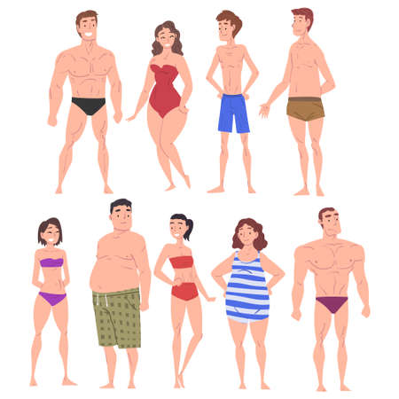 Male and Female Body Types Set, People with Different Human Body Constitution Cartoon Style  Illustration on White Backgroundのイラスト素材