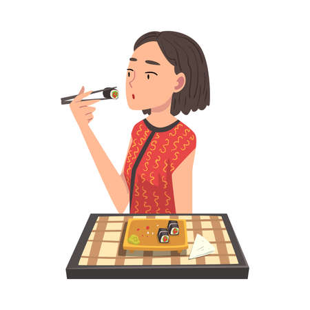 Young Woman Eating Delicious Asian Food, Cheerful Girl Sitting at Table with Checkered Tablecloth Eating Sushi Cartoon Vector Illustrationのイラスト素材