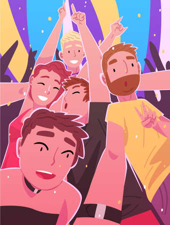 People Dancing and Making Selfie in Nightclub, Happy Men and Women Having Fun at Party or Music Festival  Illustrationのイラスト素材