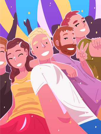 Happy People Making Selfie and Having Fun at Nightclub, Party or Music Festival Vector Illustrationのイラスト素材