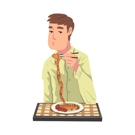 Young Man Eating Pasta, Cheerful Guy Sitting at Table with Checkered Tablecloth Enjoying Eating of Delicious Food Cartoon  Illustrationのイラスト素材