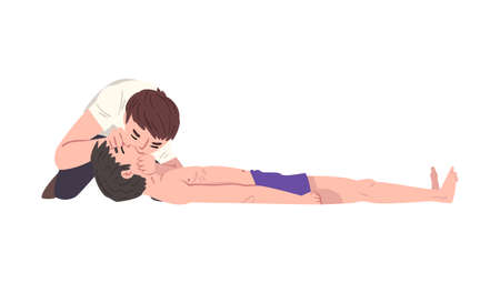 First Aid to Drowned Person, Man Doing Mouth to Mouth Breathing Vector Illustrationのイラスト素材