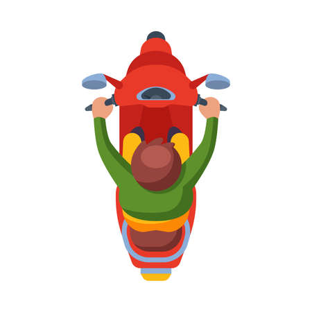 Man Riding Red Scooter, View from Above Flat Vector Illustrationのイラスト素材