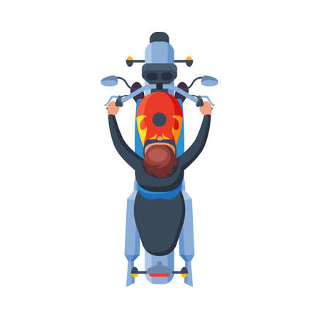 Male Motorcyclist Riding Motorcycle, View from Above Flat Vector Illustrationのイラスト素材