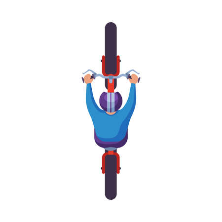 Man in Helmet Riding Modern Electric Scooter, View from Above, Cyclist on Bicycle Flat Vector Illustrationのイラスト素材