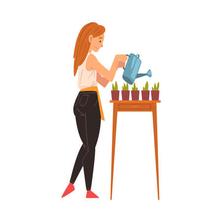Young Woman Watering Plants with Watering Can, Girl Enjoying Gardening Vector Illustrationのイラスト素材