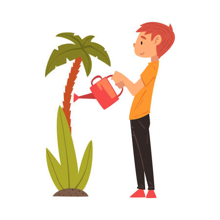 Cute Boy Watering Palm Tree in the Garden with Watering Can Vector Illustrationのイラスト素材