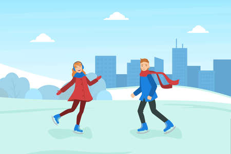 Smiling Boy and Girl Dressed in Warm Clothing Skating on Rink, Winter Sports Outdoor Activity Vector Illustrationのイラスト素材