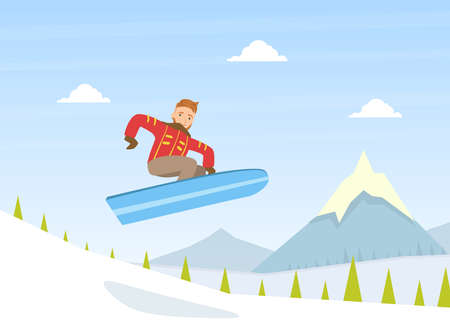 Guy Dressed in Warm Clothing Jumping with Snowboard, Winter Sports Outdoor Activity Vector Illustrationのイラスト素材