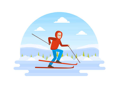Senior Man Dressed in Warm Clothing Skiing, Winter Sports Outdoor Activity Vector Illustrationのイラスト素材