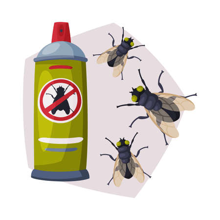 Spray Can of Fly Insect Insecticide, Pest Control Service, Detecting and Exterminating Insects Vector Illustration on White Backgroundのイラスト素材