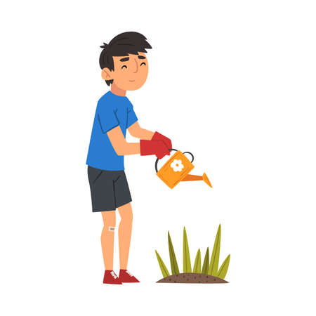 Boy in Gloves Watering Plants with Watering Can, Child Working in Garden or Farm Vector Illustration on White Background.のイラスト素材
