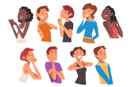 Collection of People Dreaming about Something, Happy Relaxing Men and Women Thinking or Making Decision Cartoon Vector Illustration Isolated on White Backgroundのイラスト素材