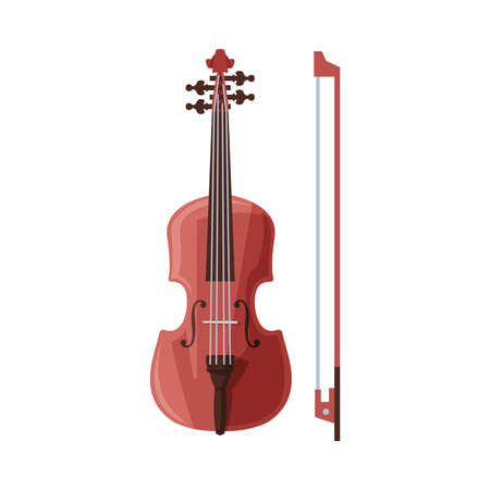 Violin and Bow Classical String Musical Instrument Flat Style Vector Illustration Isolated on White Background.のイラスト素材