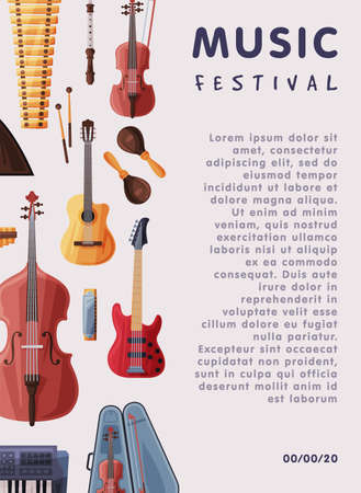 Music Festival Banner with Orchestral Musical Instruments and Place for Text, Advertisement Poster, Brochure, Flyer, Invitation Card Flat Style Vector Illustration.のイラスト素材