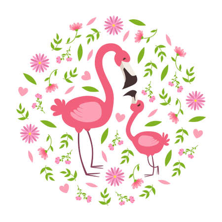 Cute Baby Flamingo and Parent, Happy Beautiful Birds Family Cartoon Style Vector Illustration.のイラスト素材
