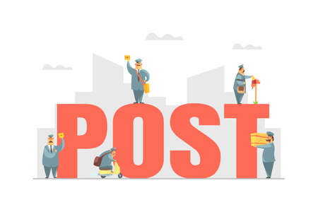 Post Big Word with Postmen in Uniform Delivering Parcels and Letters, Express Delivery Service...