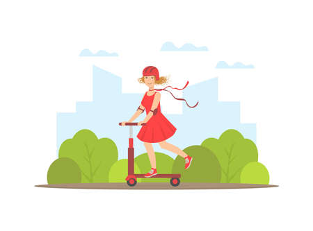 Girl Riding Kick Scooter, Young Woman Doing Physical Activity Outdoors Vector Illustrationのイラスト素材