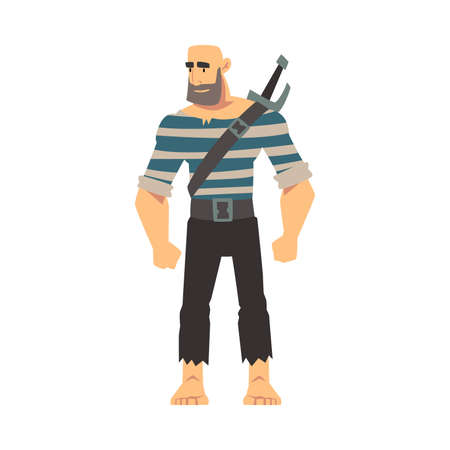 Bearded Brutal Pirate with Sword, Male Buccaneer Cartoon Character Vector Illustrationのイラスト素材
