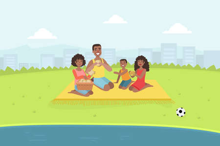 Parents and Their Children Eating and Relaxing on Nature, Happy Family Having Picnic Outdoors Vector Illustrationのイラスト素材
