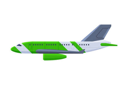 Modern Green Passenger Airplane, Flying Aircraft Vehicle, Air Transport Vector Illustrationのイラスト素材