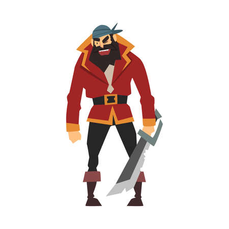 Angry Bearded Pirate with Saber, Male Buccaneer Cartoon Character Vector Illustrationのイラスト素材