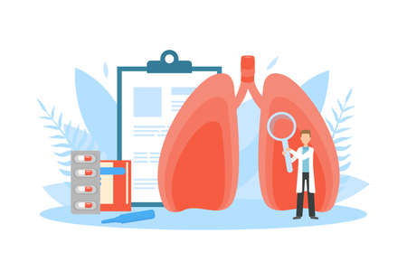 Tiny Doctor Examining Huge Human Lungs with Magnifier, Obstructive Pulmonary Disease, Doctor Doing Medical Research Vector Illustrationのイラスト素材