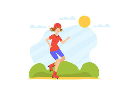Girl Rolling on Roller Blades, Young Woman Doing Physical Activity Outdoors Vector Illustrationのイラスト素材