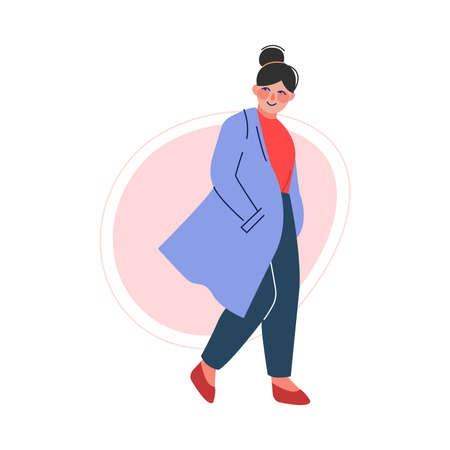 Cheerful Plus Size Brunette Girl, Attractive Smiling Curvy, Overweight Woman in Fashionable Clothes, Body Positive Concept Vector Illustrationのイラスト素材