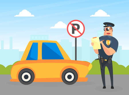 Police Officer Character Stand near Yellow Car Writing Fine, Male Traffic Inspector Safety Control Vector Illustrationのイラスト素材