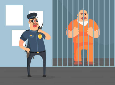 Prison Cell with Prisoner in Orange Uniform and Police Officer, Police Department Interior Vector Illustrationのイラスト素材
