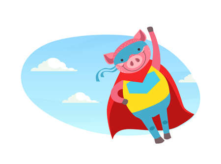 Funny Pig Superhero Character in Mask and Red Cape Cartoon Vector Illustrationのイラスト素材