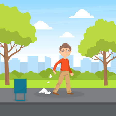 Bully Boy Littering in the Park, Kids Aggressive Uncontrollable Behavior Cartoon Vector Illustrationのイラスト素材