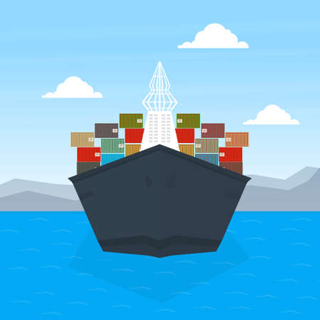 Front View of Cargo Ship Container, Maritime Shipping Freight Transportation, Cargo Logistics Flat...