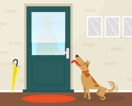 Cute Happy Dog Meeting its Owner at the Door Flat Vector Illustrationのイラスト素材