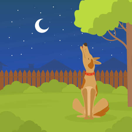 Cute Dog Howling at the Moon at Night, Pet Animal Sitting on Green Lawn in Backyard Flat Vector Illustrationのイラスト素材