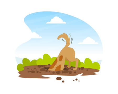 Funny Dog Digging Deep Hole in Garden, Beautiful Summer Landscape Flat Vector Illustrationのイラスト素材