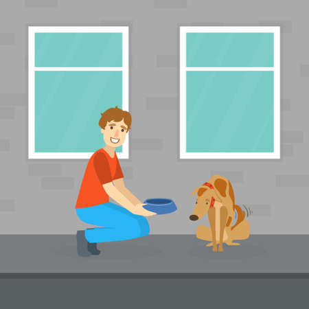 Smiling Man Feeding Homeless Dog on the Street Flat Vector Illustrationのイラスト素材