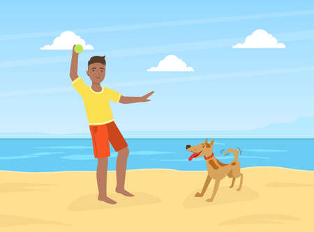 Young Man Walking and Playing Ball with Dog on Beach in Sunny Day, Summer Outdoor Activities with Pet Flat Vector Illustrationのイラスト素材