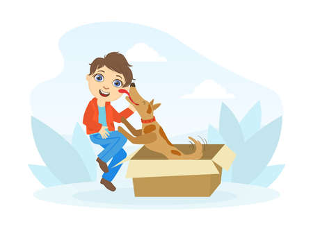 Cute Happy Boy Taking Out Dog of Gift Box Flat Vector Illustrationのイラスト素材
