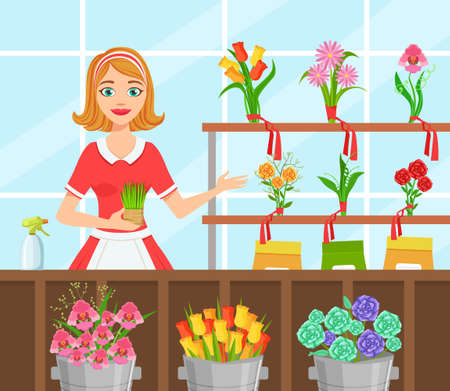 Flower Shop, Cheerful Young Woman Florist in Apron Making Bouquet of Flowers Flat Vector Illustrationのイラスト素材