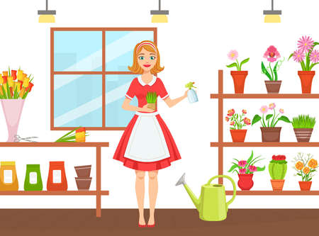 Flower Shop, Beautiful Young Woman Florist in Apron Caring for Houseplants, Girl Standing in front of Shelves with Flowerpots Flat Vector Illustrationのイラスト素材