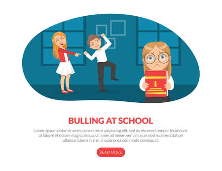 Bullying at School Landing Page Template, Persecution at School, Schoolmates Mocking of Unhappy Girl Cartoon Vector Illustrationのイラスト素材