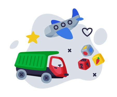 Cute Truck, Airplane, Cubes Baby Toys Set, Kids Game Various Objects Cartoon Vector Illustrationのイラスト素材
