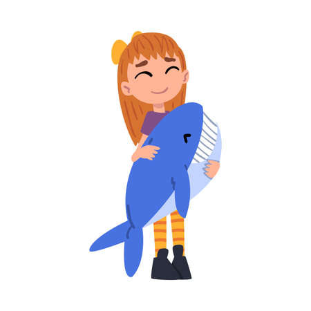 Cute Girl Hugging Plush Dolphin, Adorable Kid Playing with her Favorite Toy Cartoon Vector Illustration on White Backgroundのイラスト素材