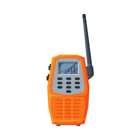 Modern Handheld Radio Transmitter, Orange Portable Radio Device with Screen and Antenna Flat Vector Illustrationのイラスト素材