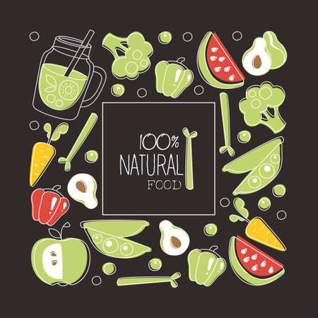 Natural Food Banner Template, Element Can be Used for Organic Vegan Food Store, Farm Market, Restaurant or Cafe Menu Vector Illustrationのイラスト素材