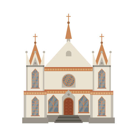 Catholic Church Religious Building, Cathedral Facade, Ancient Architectural Construction Vector Illustrationのイラスト素材